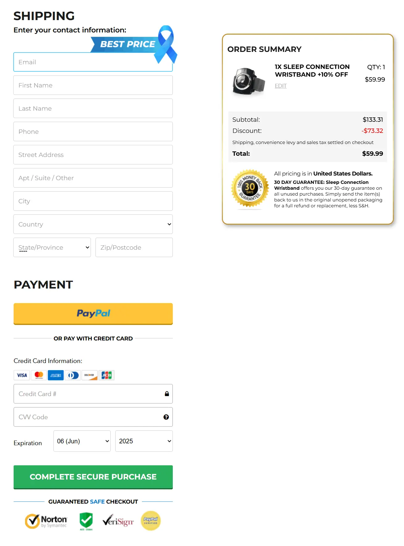 Sleep Connection checkout page